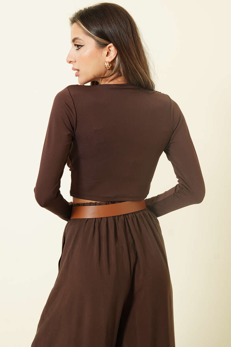 Long-Sleeve Crop Top with Bust Buckle - Brown