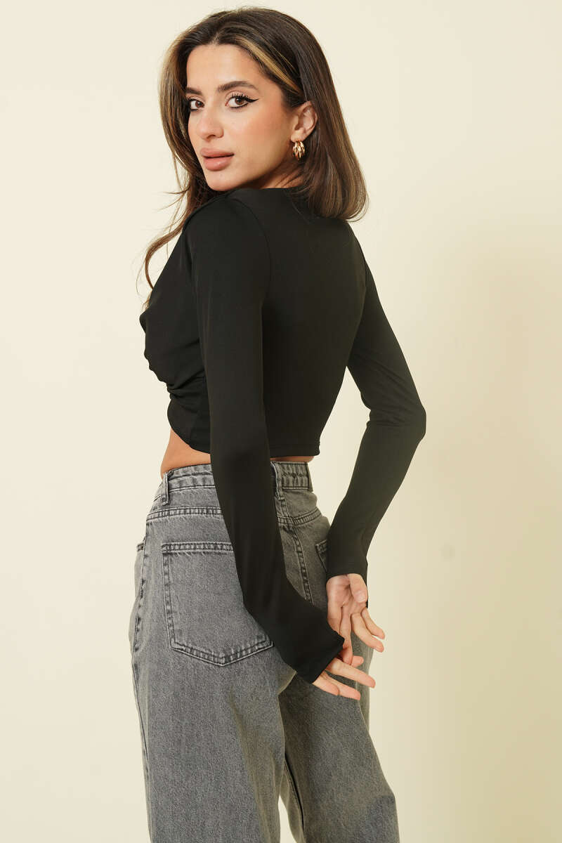 Long-Sleeve Crop Top with Bust Buckle - Black