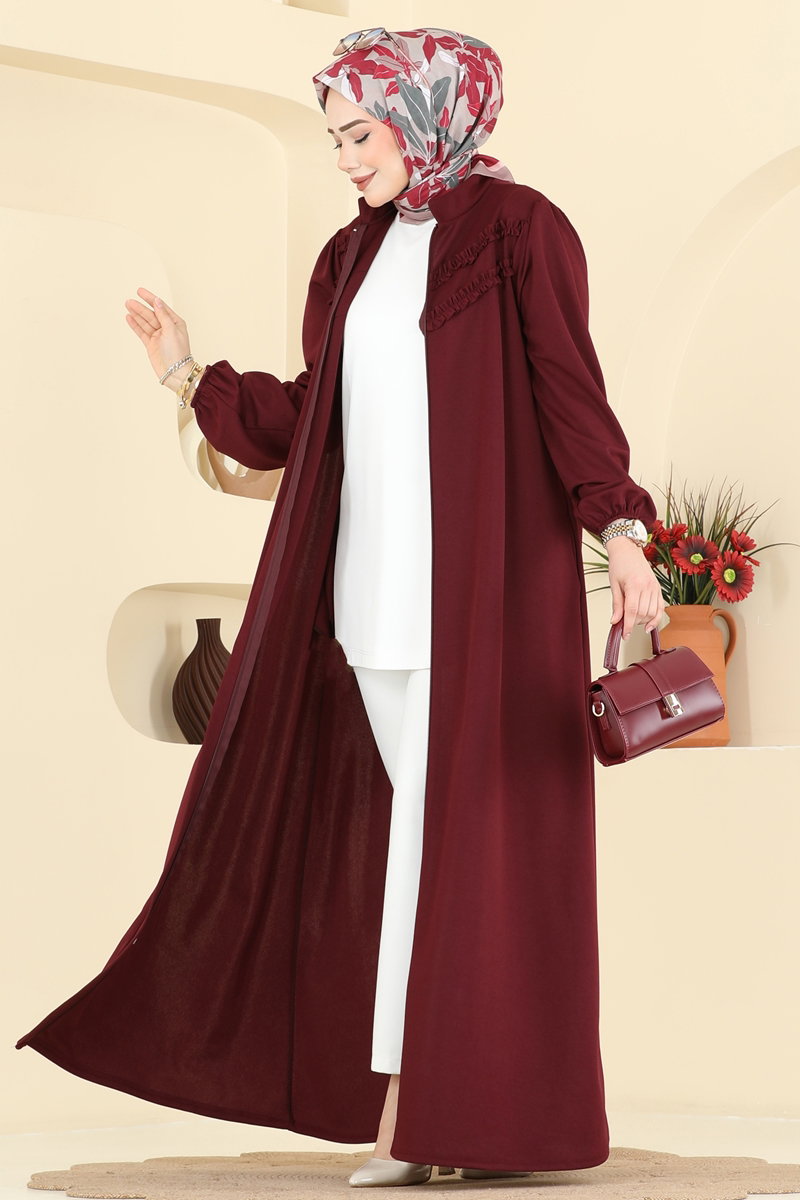 Abaya Coat with Ruffled Bodice - Burgundy