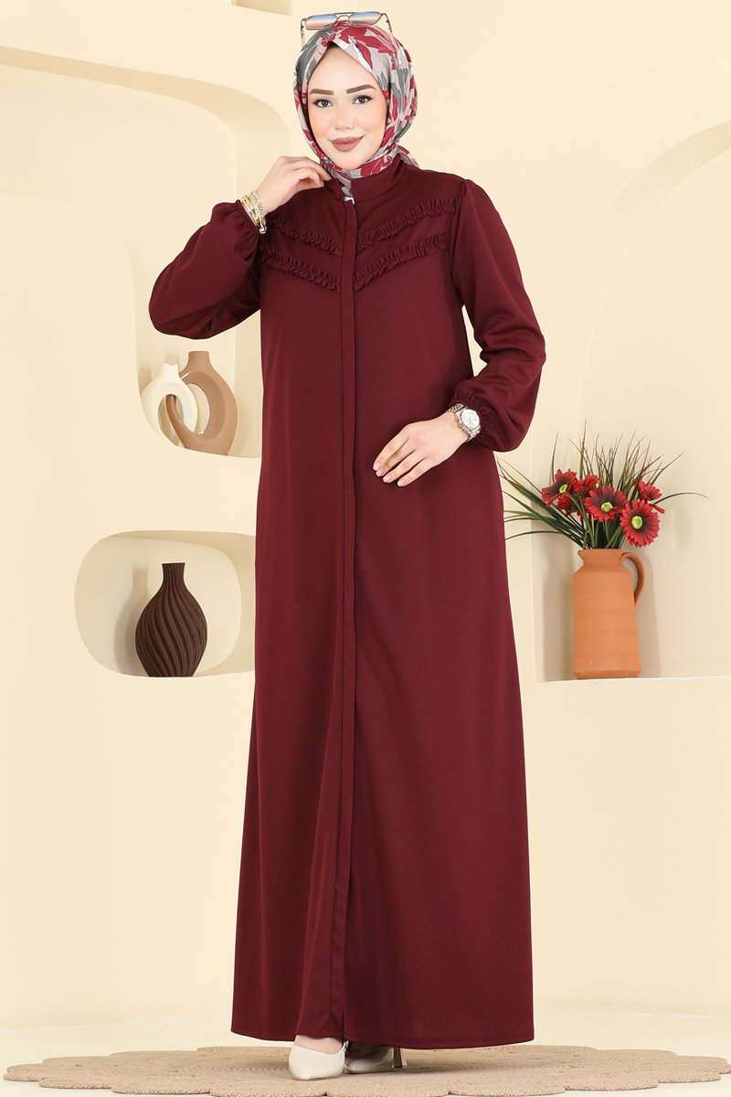 Abaya Coat with Ruffled Bodice - Burgundy