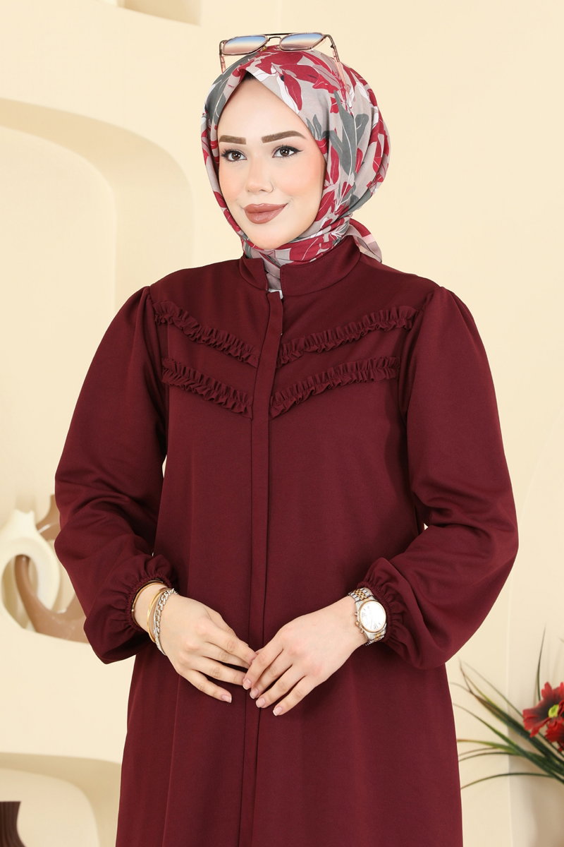 Abaya Coat with Ruffled Bodice - Burgundy