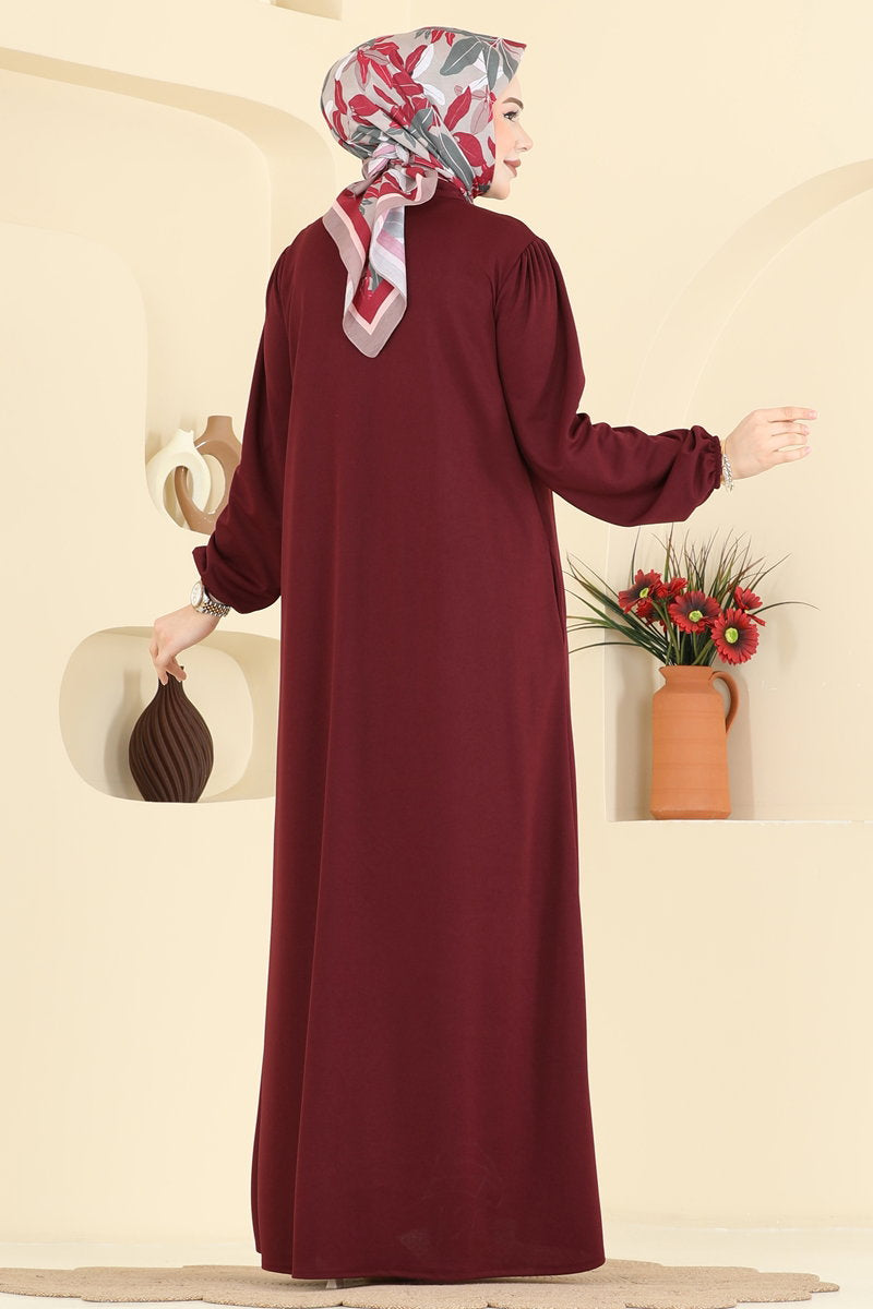 Abaya Coat with Ruffled Bodice - Burgundy