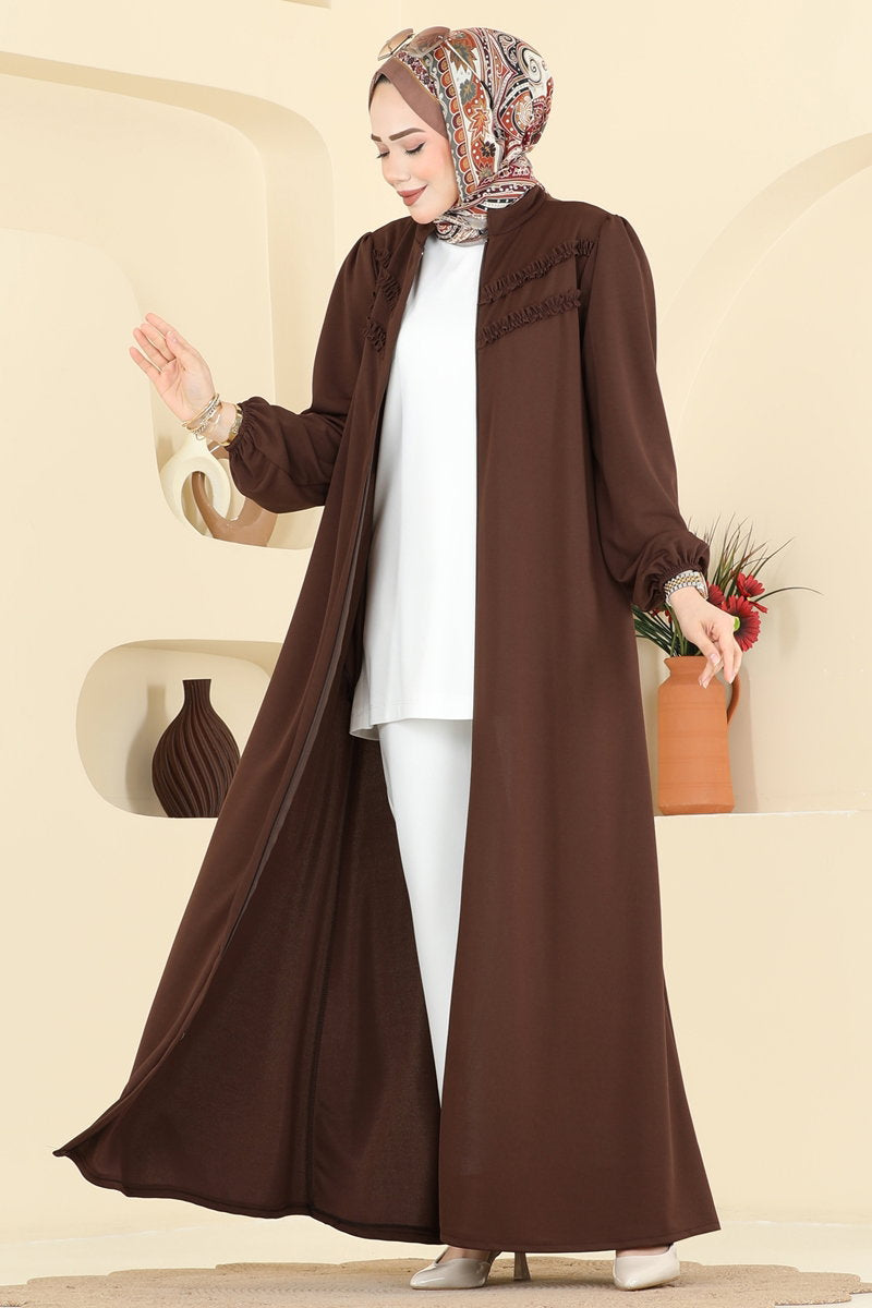 Abaya Coat with Ruffled Bodice - Brown