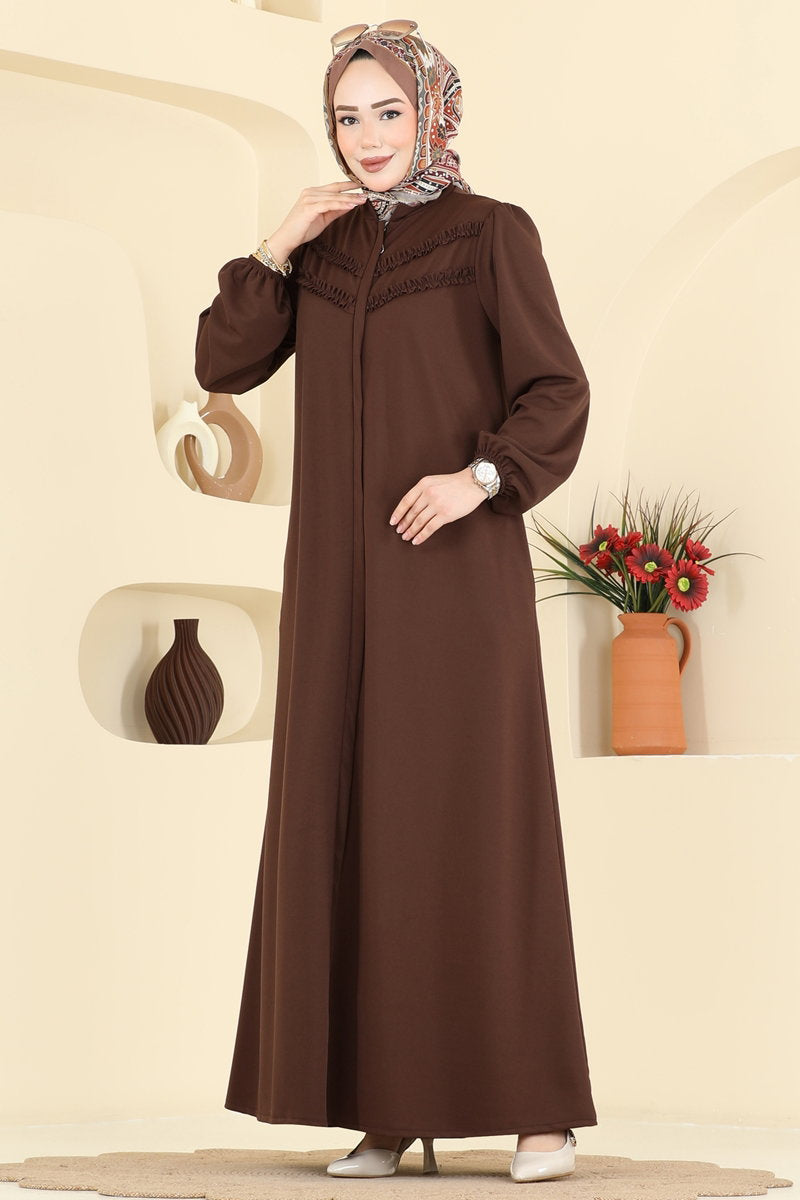 Abaya Coat with Ruffled Bodice - Brown