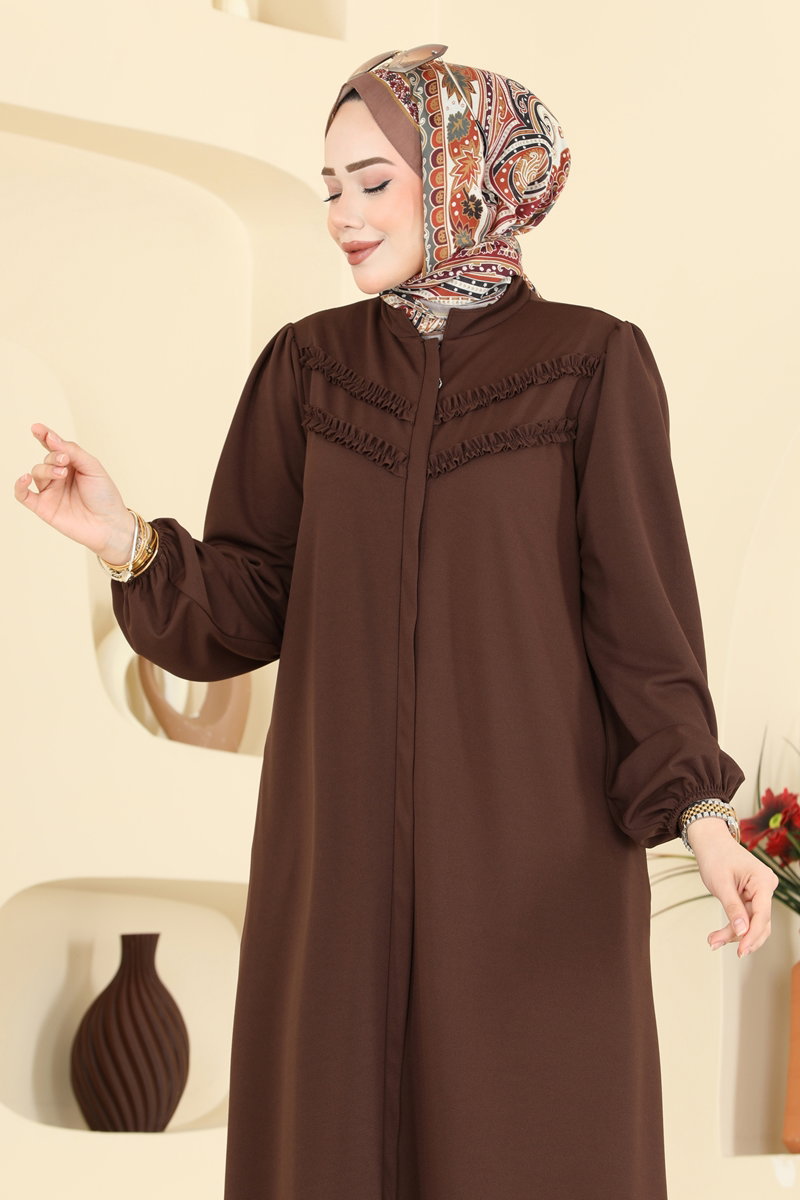 Abaya Coat with Ruffled Bodice - Brown