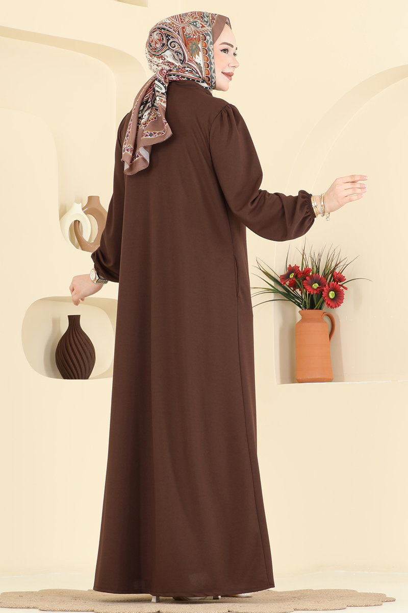 Abaya Coat with Ruffled Bodice - Brown