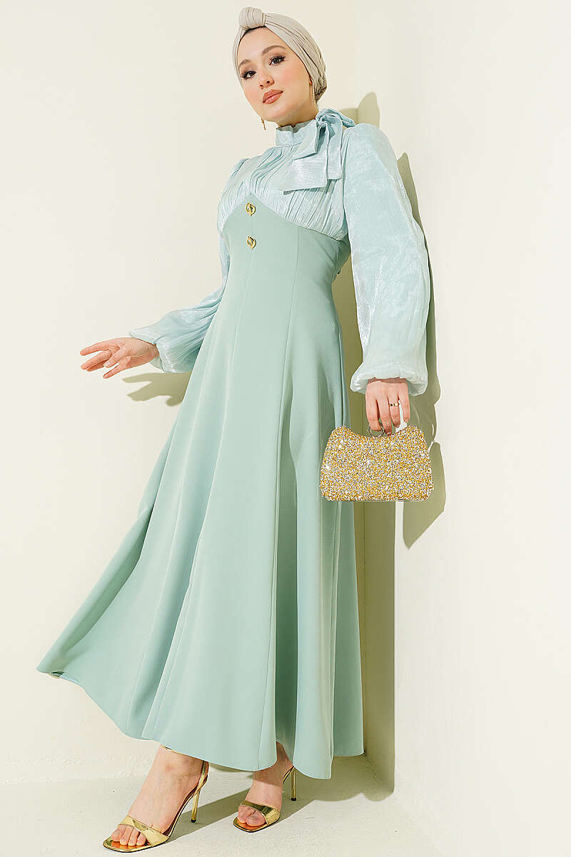 Puff-Sleeve Evening Dress with Gold Accessory - Mint