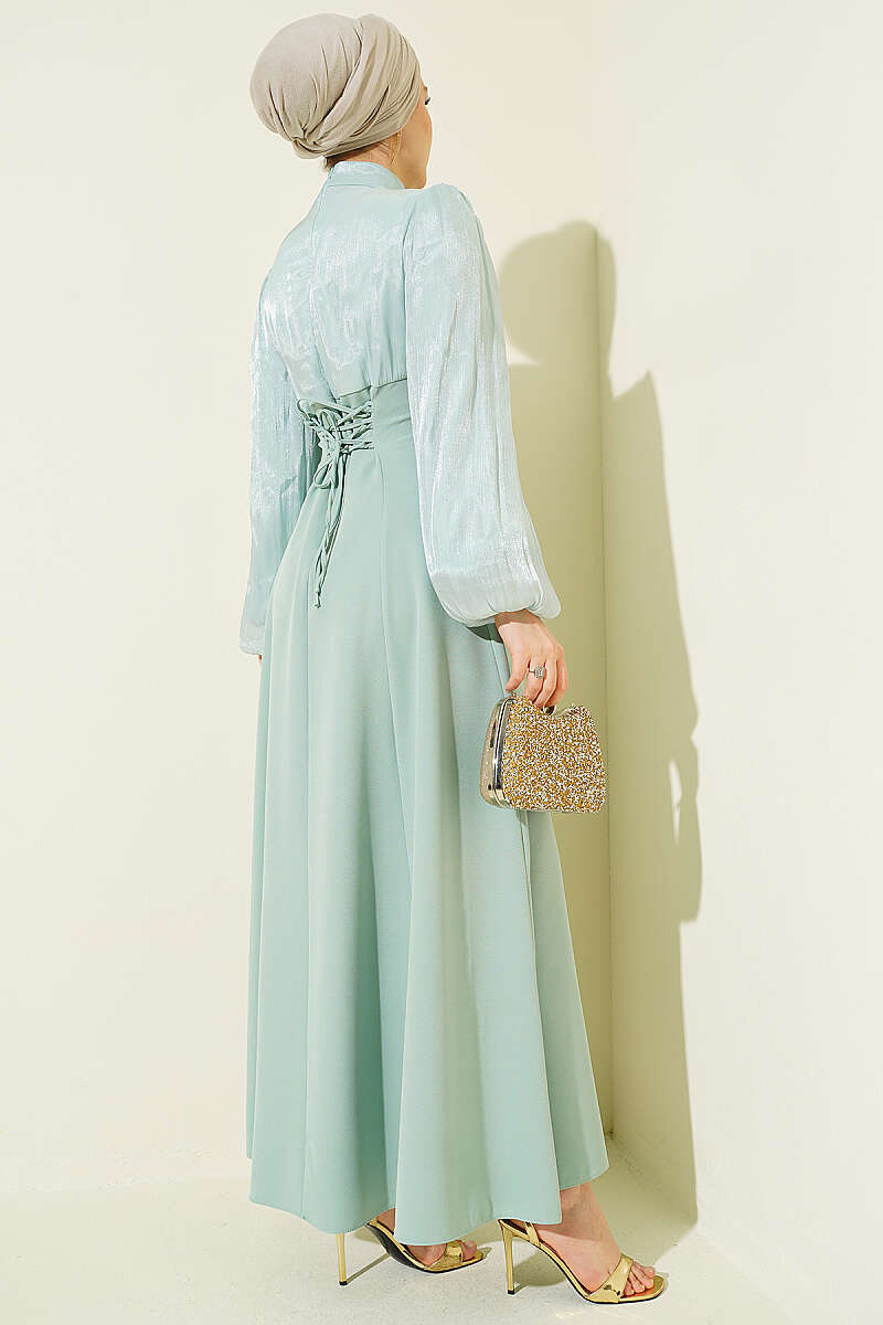 Puff-Sleeve Evening Dress with Gold Accessory - Mint