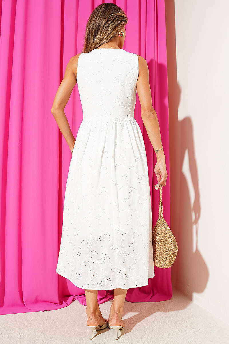 Broderie Dress with Gold Accessory - White