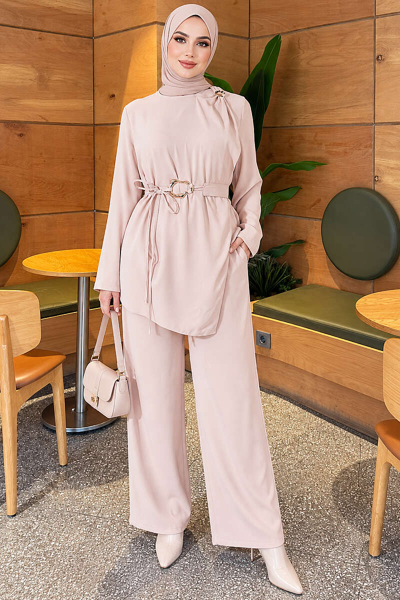 Belted Two-Piece Set with Gold Detail - Beige