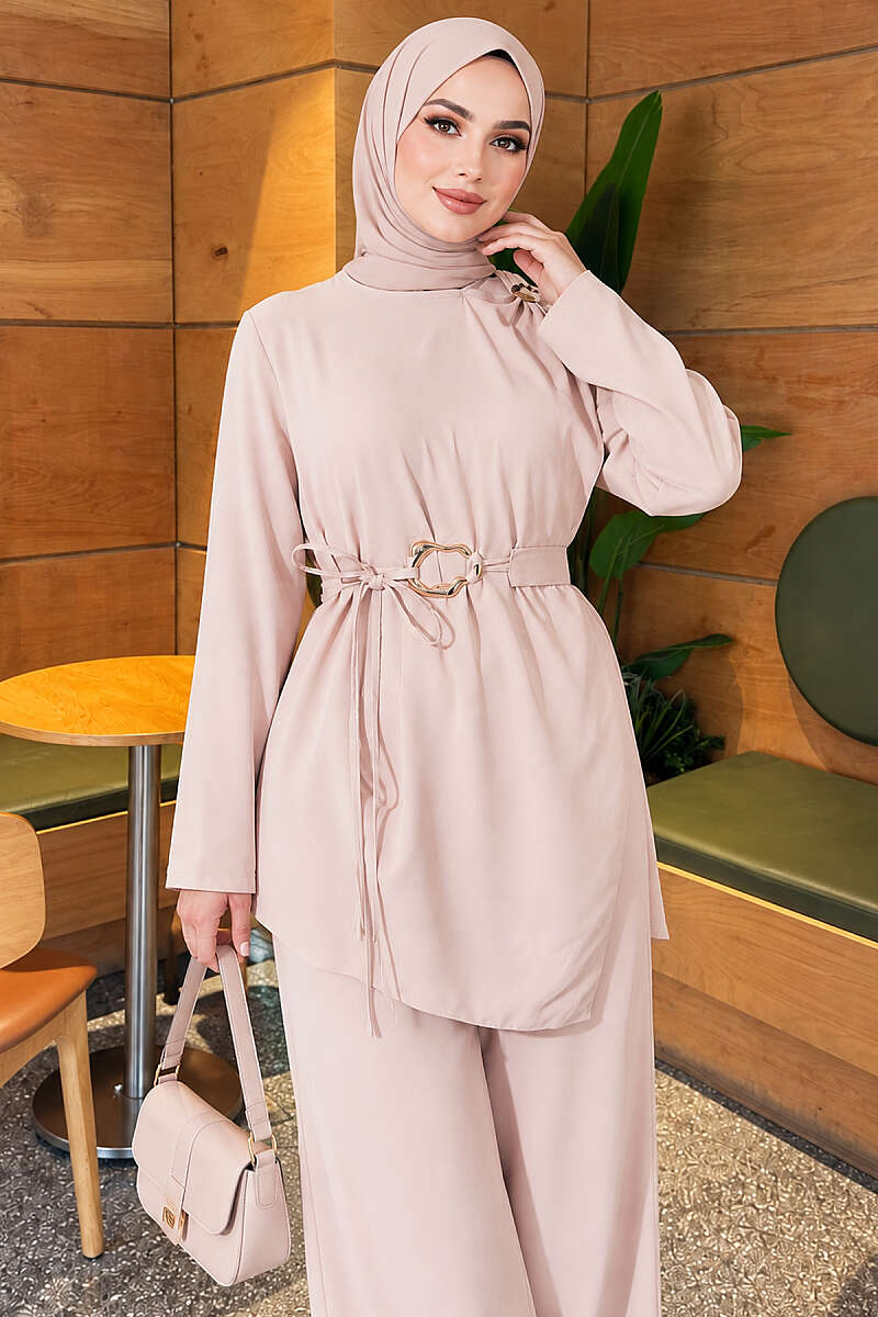 Belted Two-Piece Set with Gold Detail - Beige