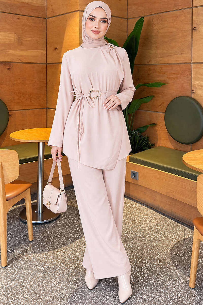 Belted Two-Piece Set with Gold Detail - Beige