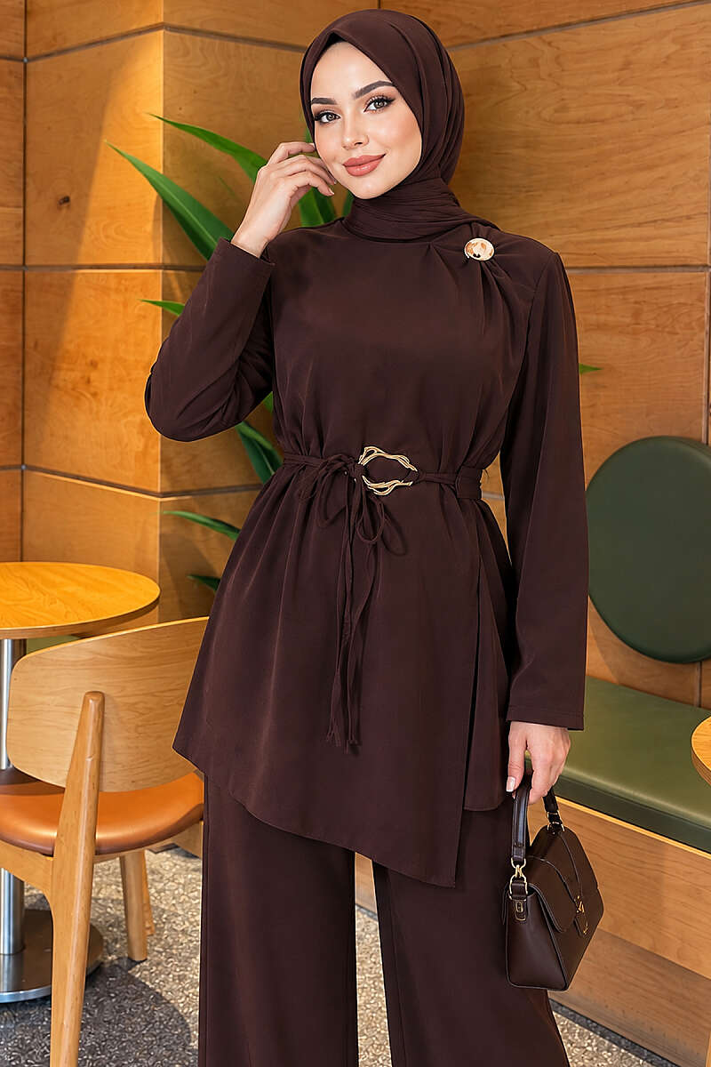 Belted Two-Piece Set with Gold Detail - Brown
