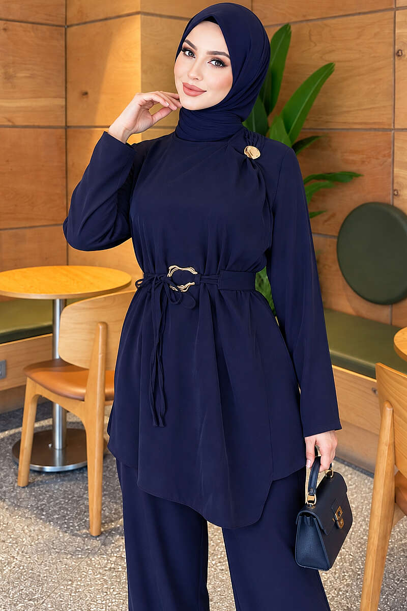 Belted Two-Piece Set with Gold Detail - Navy
