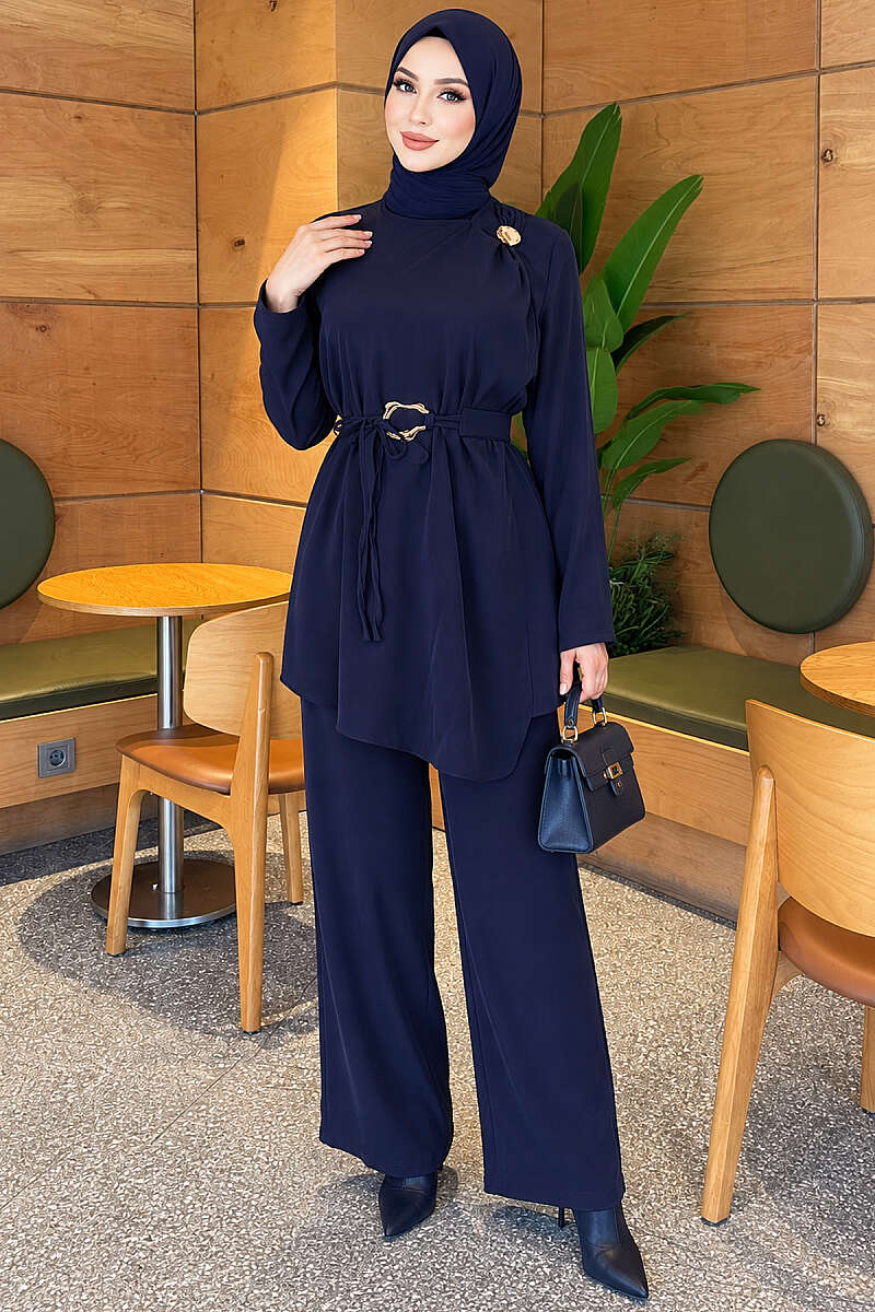 Belted Two-Piece Set with Gold Detail - Navy