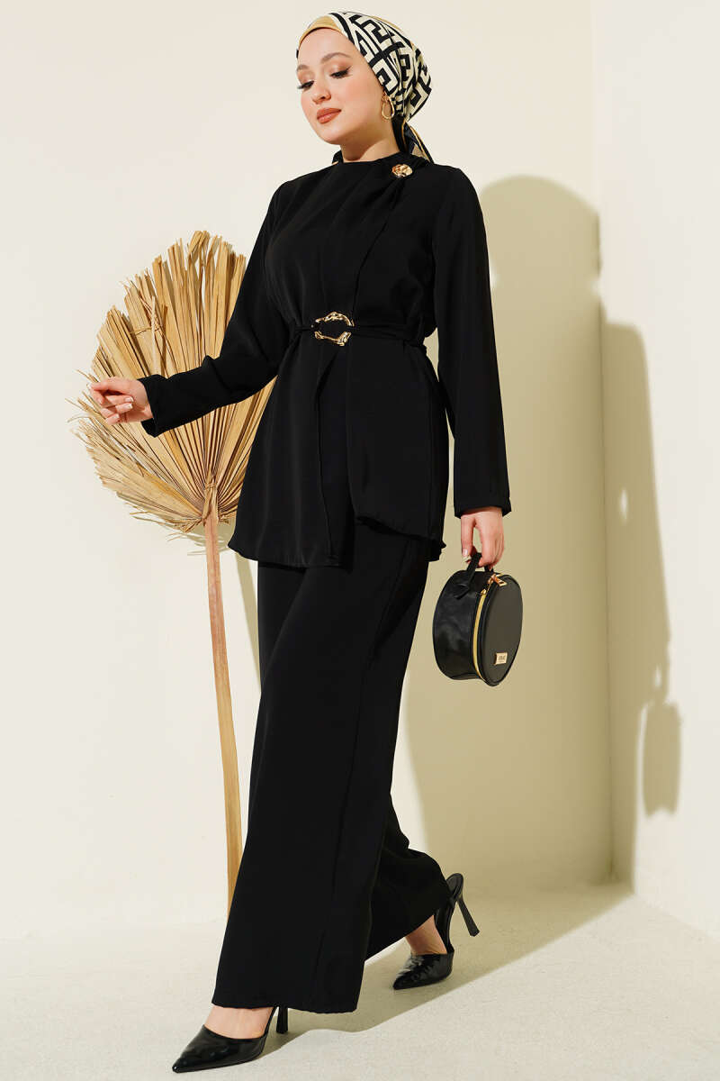 Belted Two-Piece Set with Gold Detail - Black