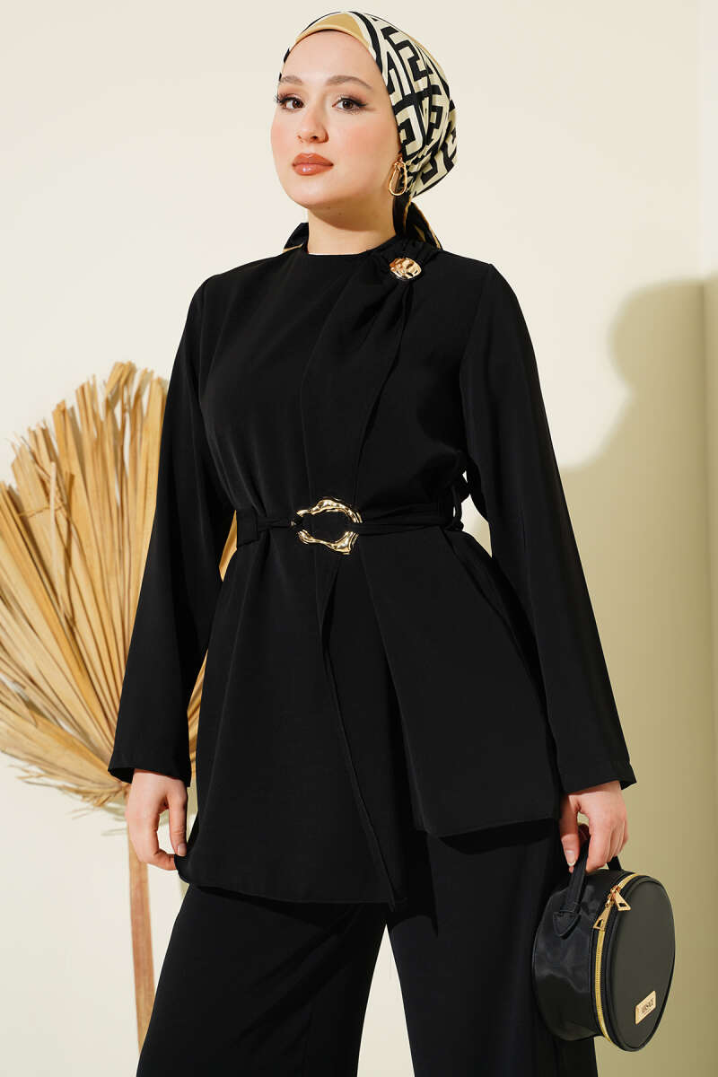 Belted Two-Piece Set with Gold Detail - Black