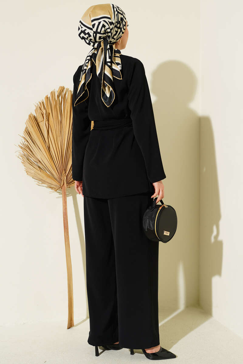 Belted Two-Piece Set with Gold Detail - Black