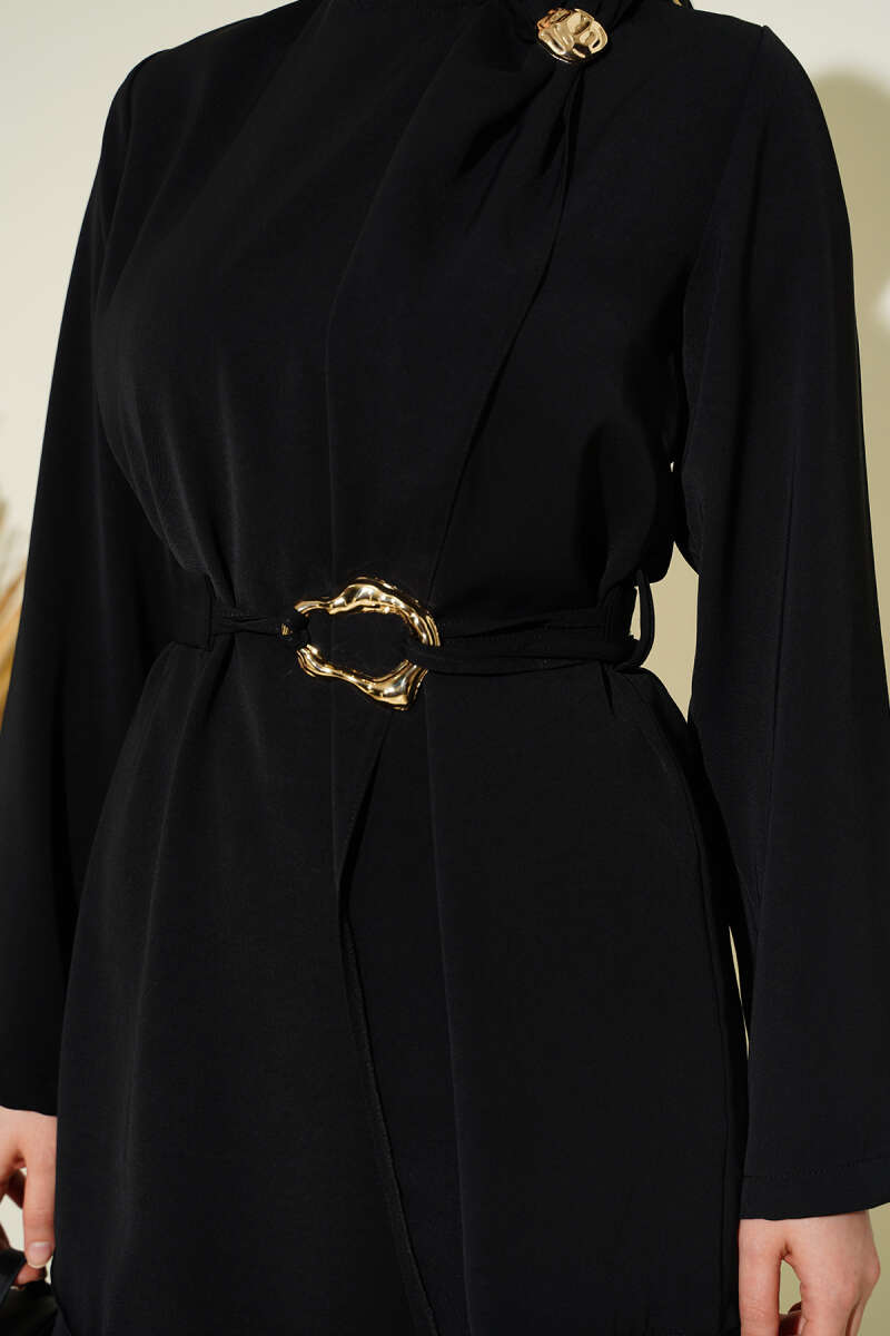 Belted Two-Piece Set with Gold Detail - Black