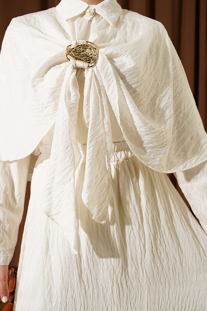 Cape Skirt Set with Gold Accessory - Beige