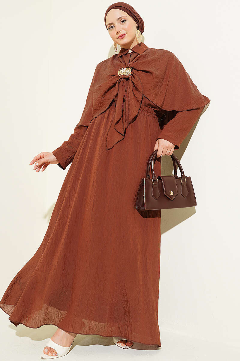 Cape Skirt Set with Gold Accessory - Brown