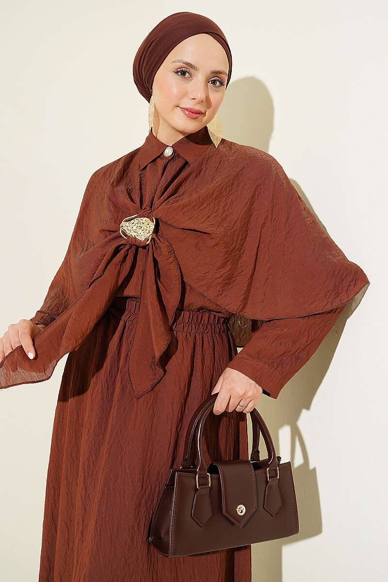 Cape Skirt Set with Gold Accessory - Brown