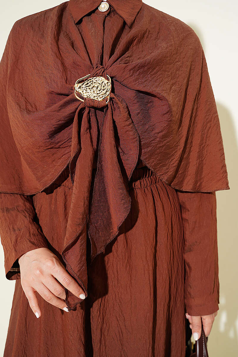 Cape Skirt Set with Gold Accessory - Brown