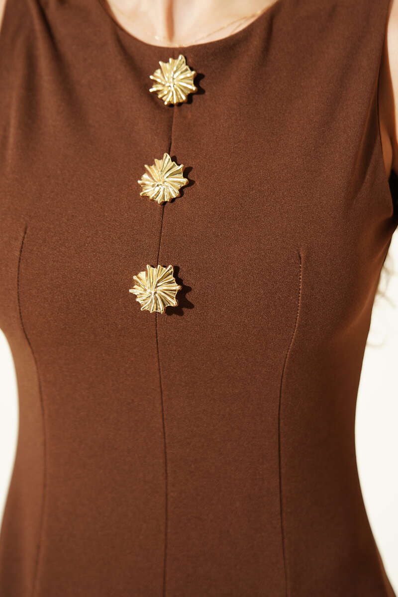 Sleeveless Mini Dress with Gold Accessory - Brown