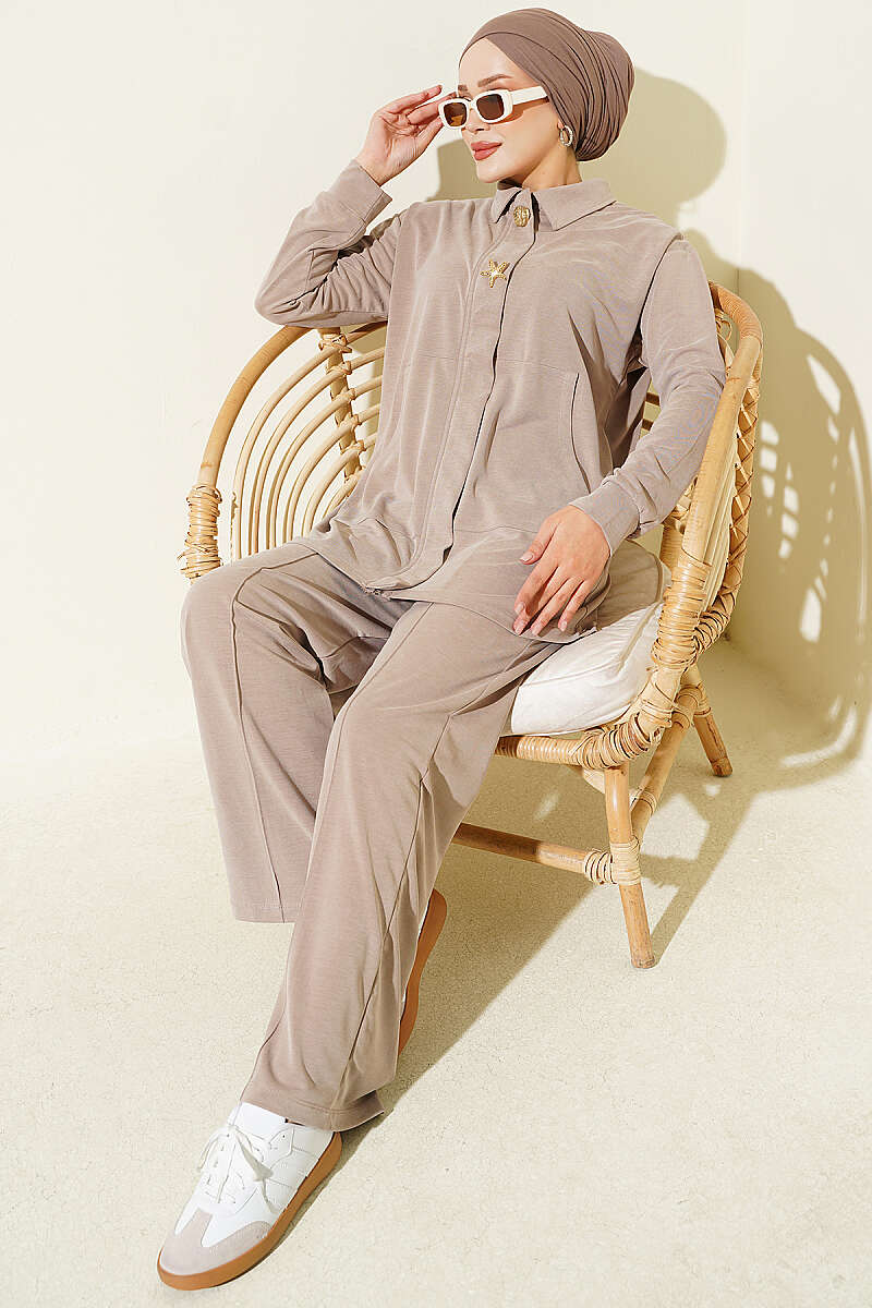 Tencel Two-Piece Set with Gold Accessory - Beige