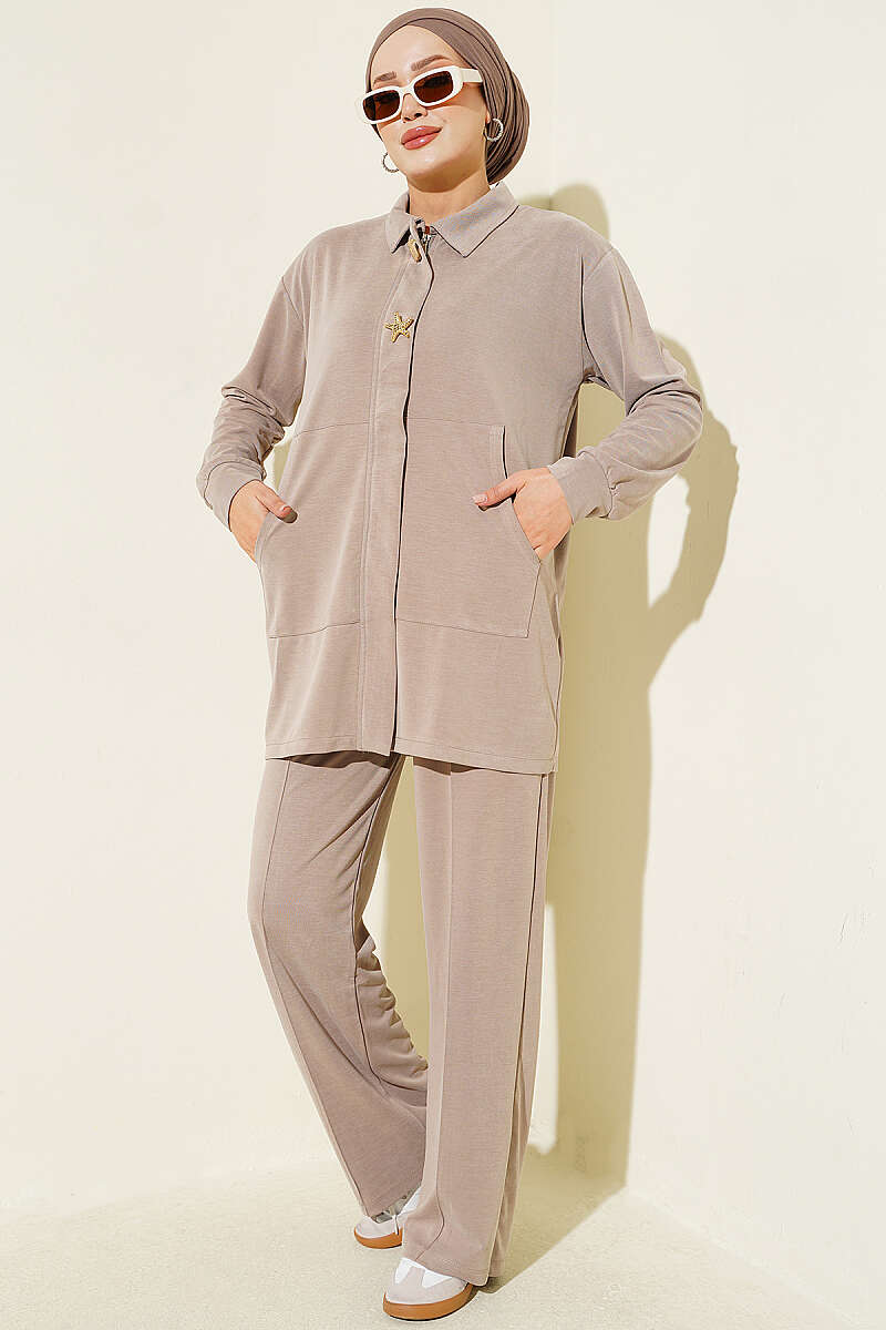Tencel Two-Piece Set with Gold Accessory - Beige