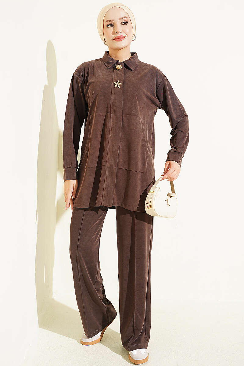 Tencel Two-Piece Set with Gold Accessory - Brown