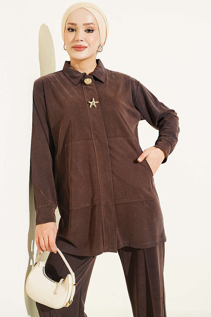 Tencel Two-Piece Set with Gold Accessory - Brown