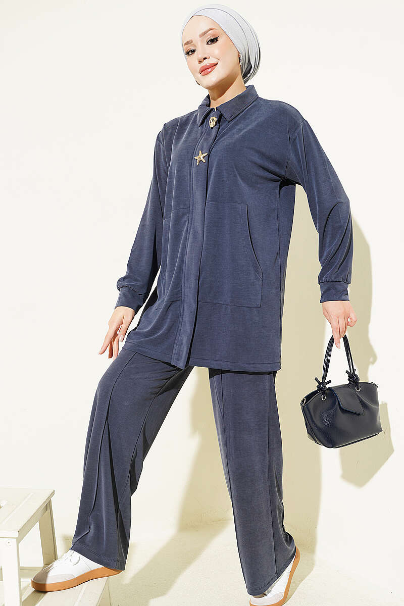 Tencel Two-Piece Set with Gold Accessory - Navy