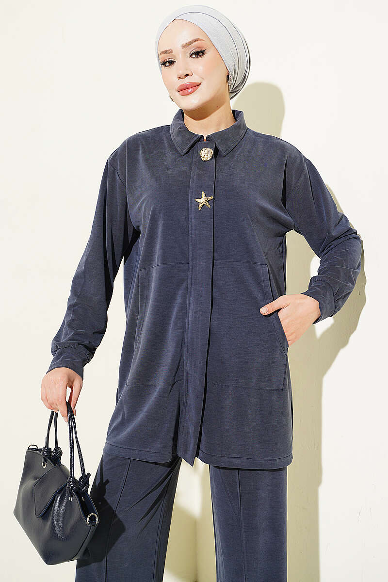 Tencel Two-Piece Set with Gold Accessory - Navy
