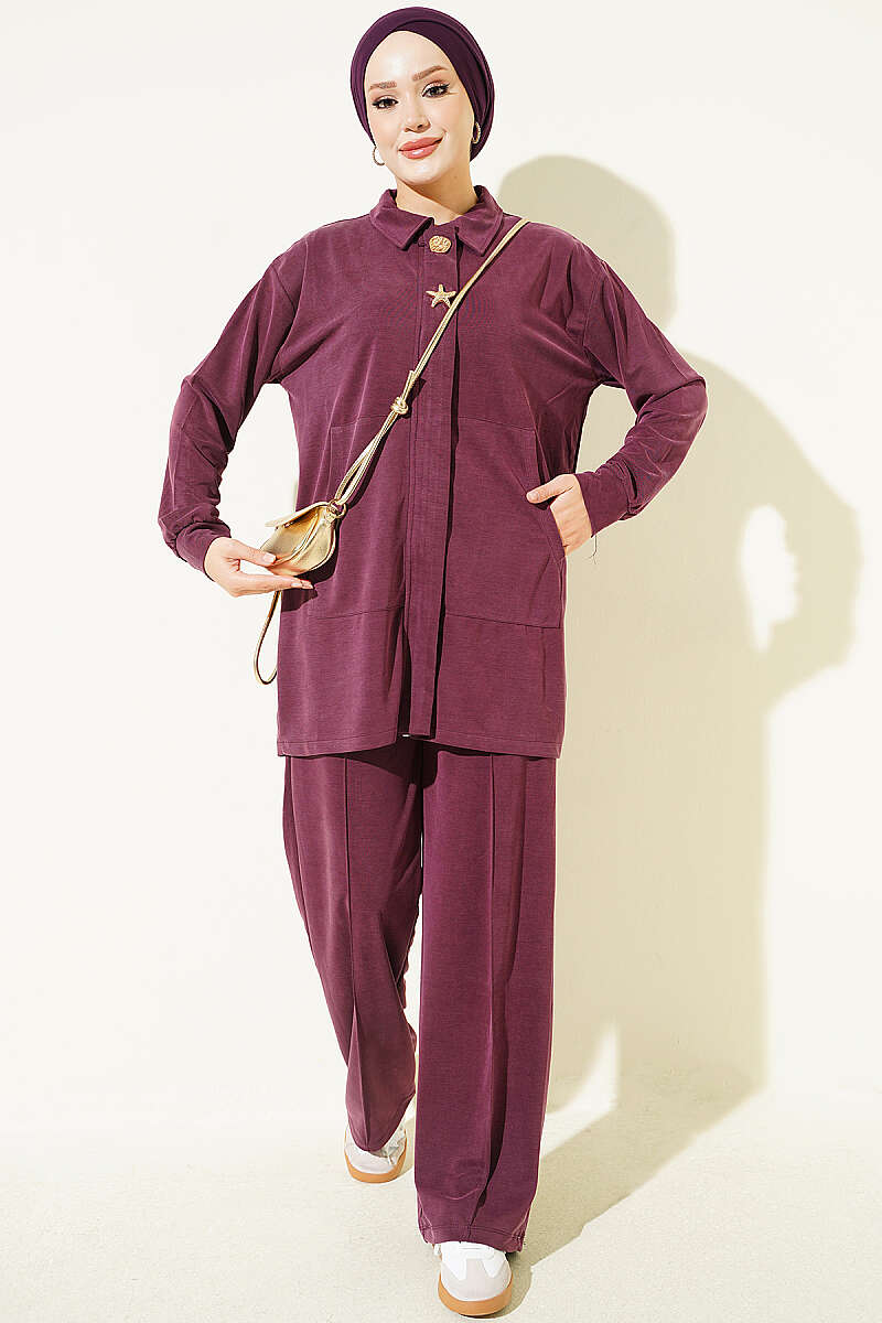 Tencel Two-Piece Set with Gold Accessory - Plum
