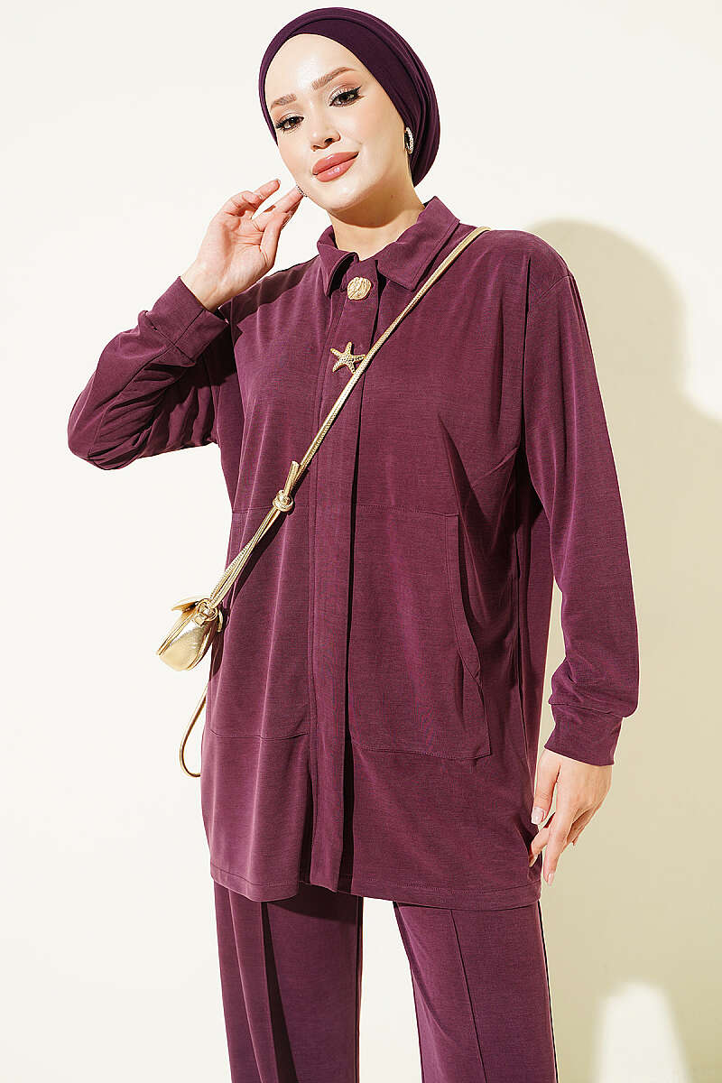 Tencel Two-Piece Set with Gold Accessory - Plum
