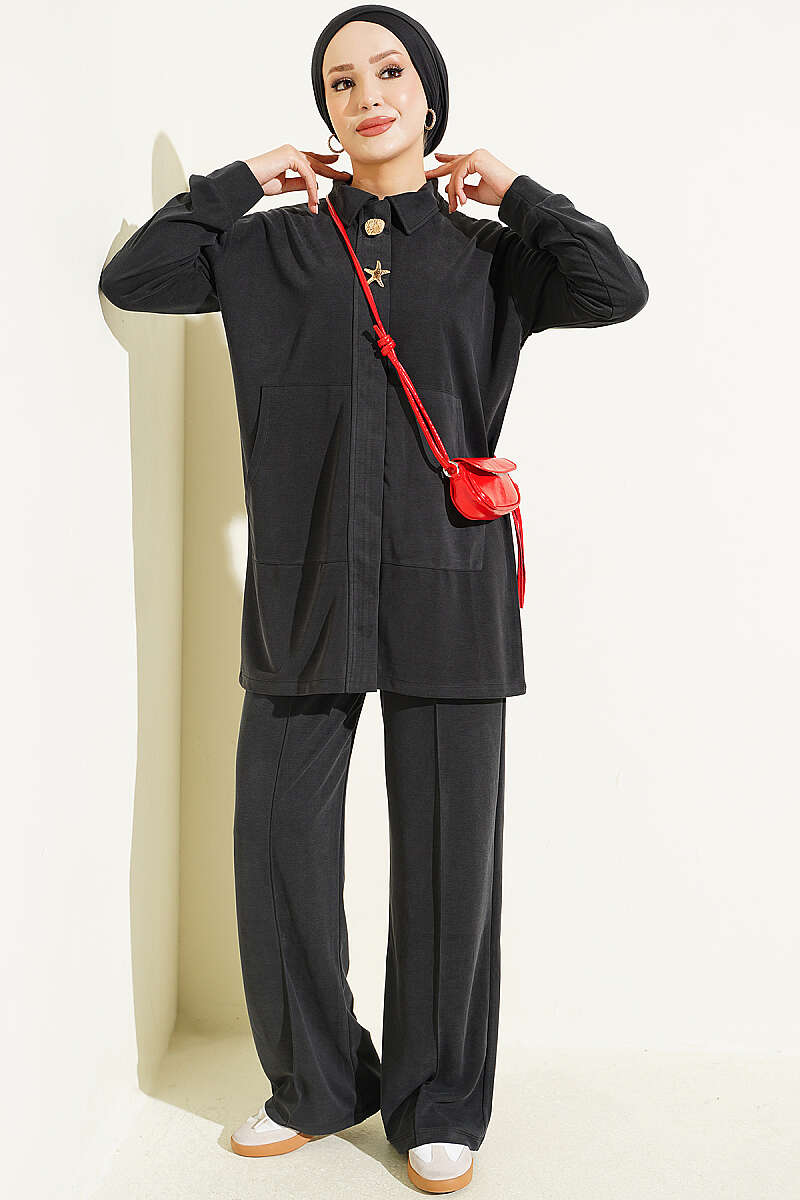 Tencel Two-Piece Set with Gold Accessory - Black