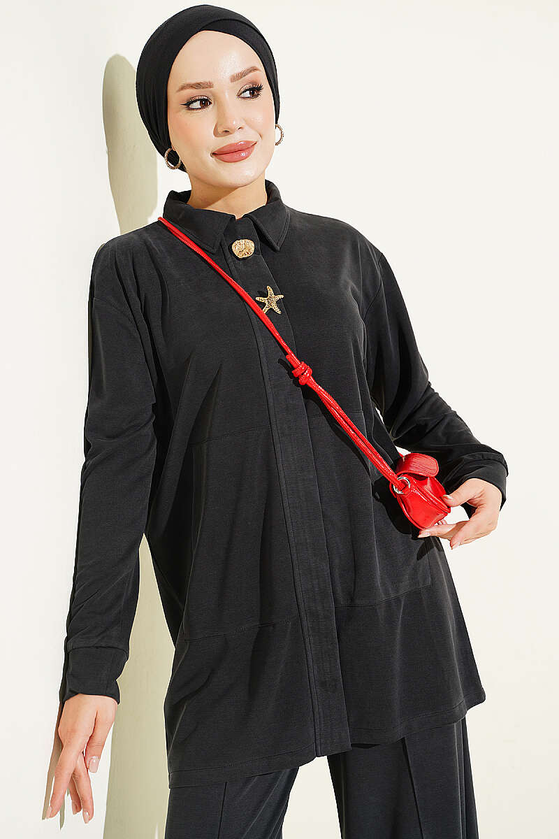 Tencel Two-Piece Set with Gold Accessory - Black