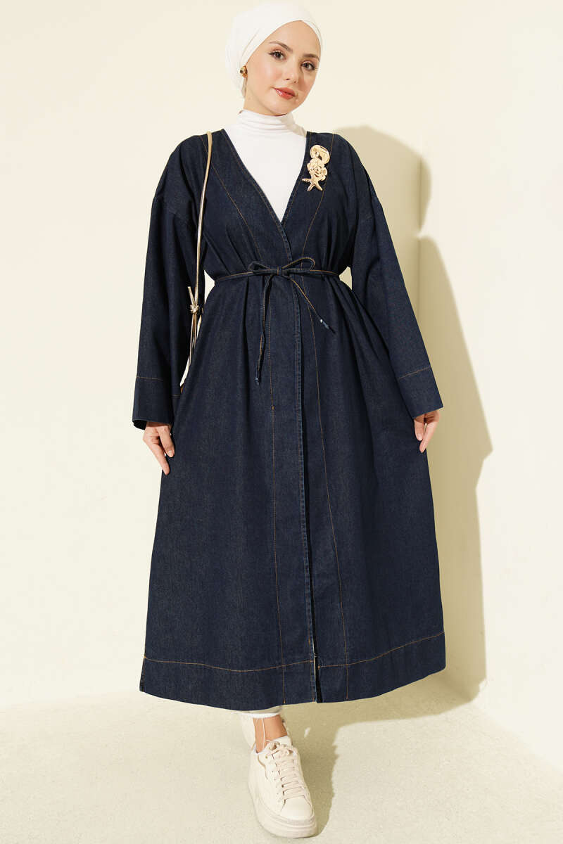 V-Neck Cape Coat with Gold Accessory - Dark Blue