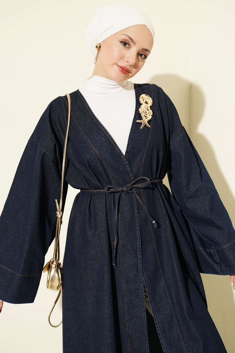 V-Neck Cape Coat with Gold Accessory - Dark Blue