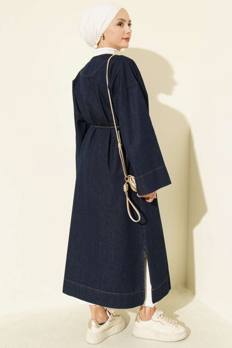 V-Neck Cape Coat with Gold Accessory - Dark Blue