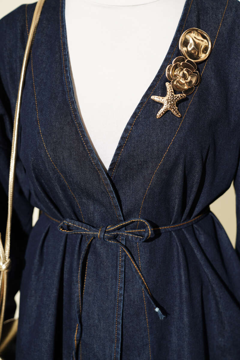 V-Neck Cape Coat with Gold Accessory - Dark Blue