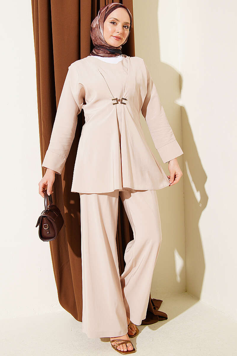 V-Neck Modal Two-Piece Set with Gold Accessory - Stone
