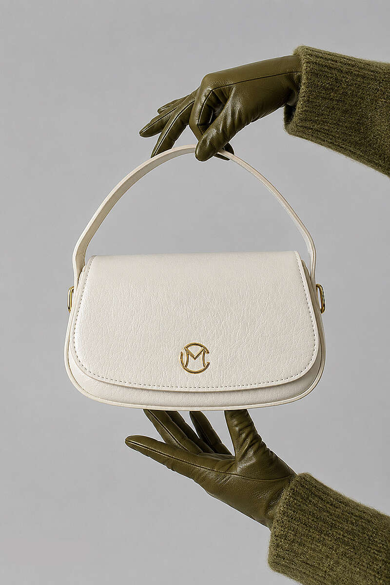 Handbag with Gold Badge - Bone