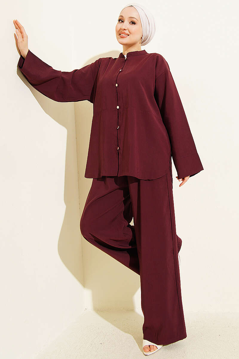Modal Two-Piece Set with Gold Rivet Buttons - Burgundy