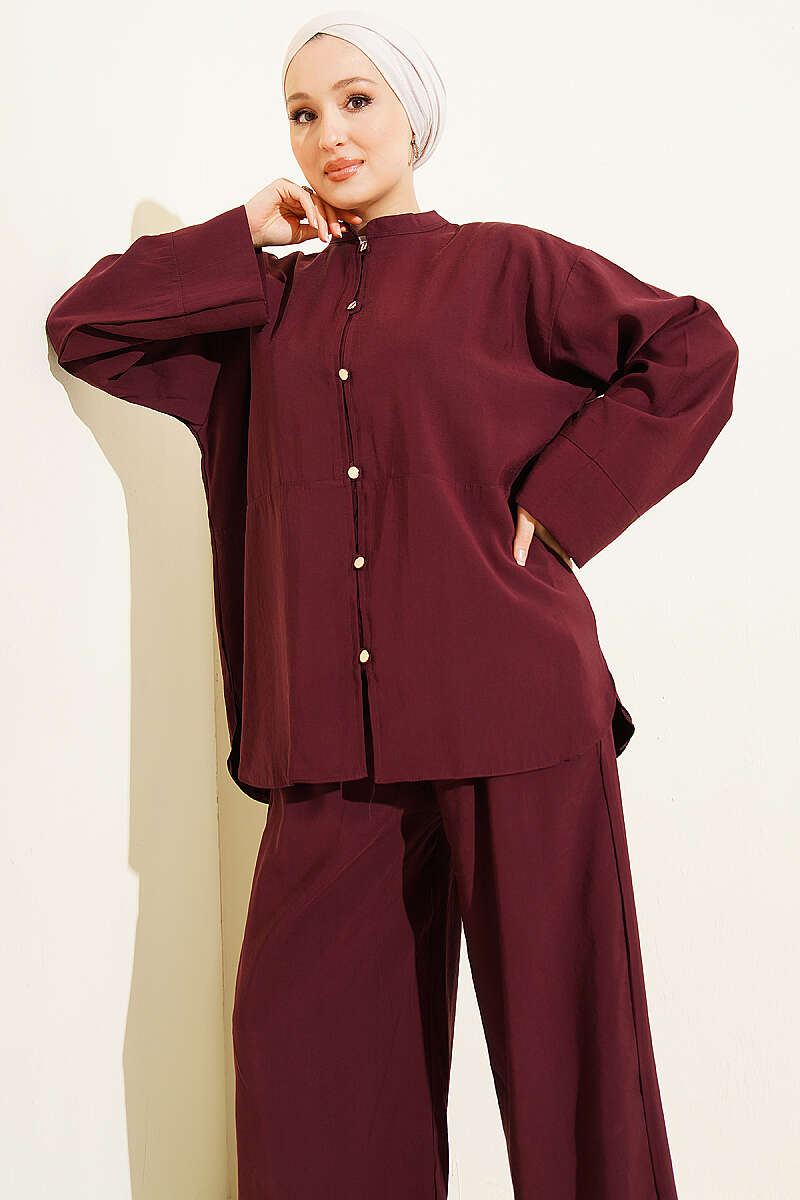 Modal Two-Piece Set with Gold Rivet Buttons - Burgundy
