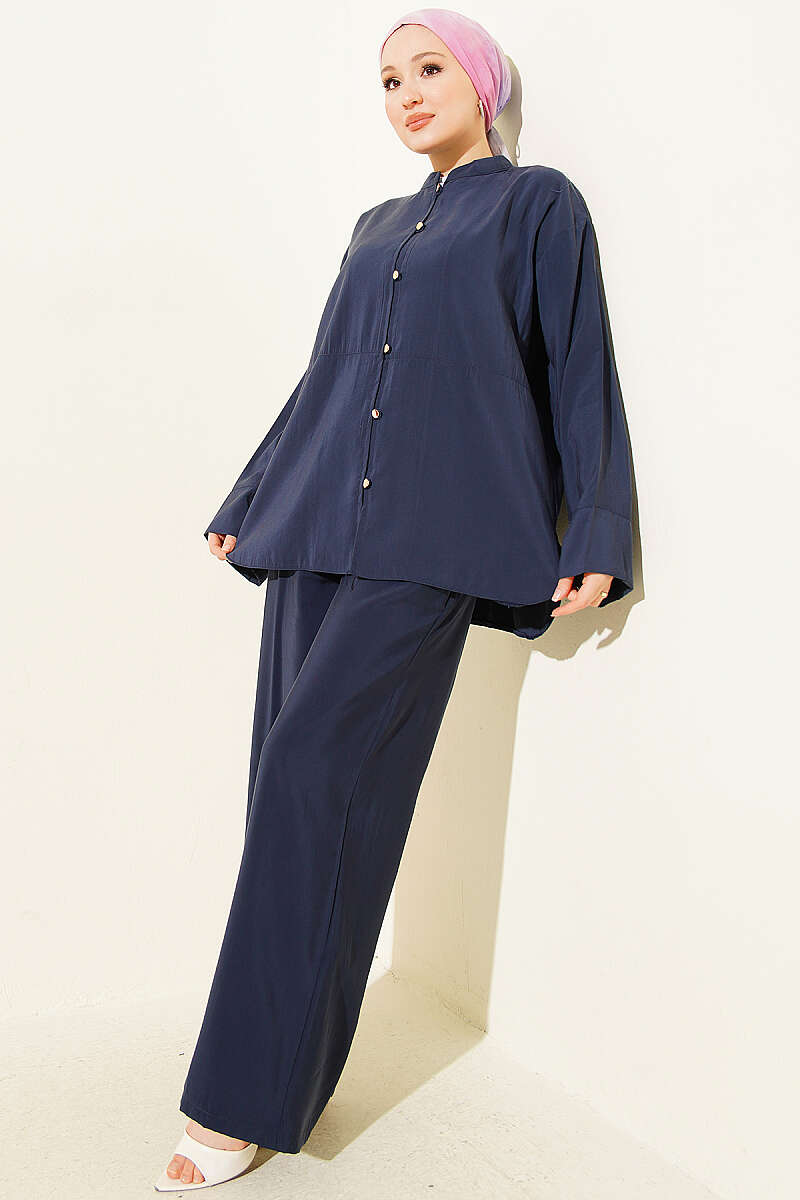 Modal Two-Piece Set with Gold Rivet Buttons - Navy