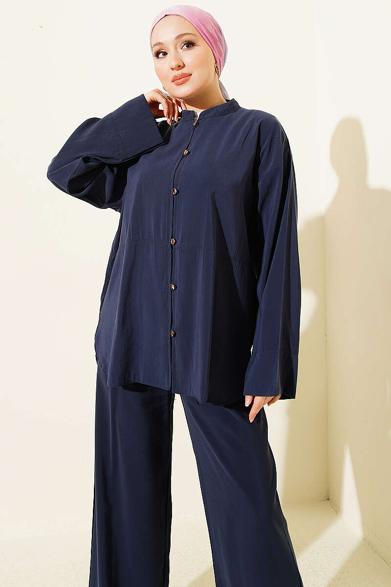 Modal Two-Piece Set with Gold Rivet Buttons - Navy