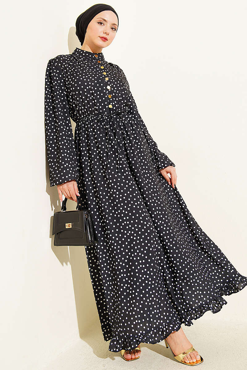 Polka Dot Dress with Gold Rivet Buttons - Black