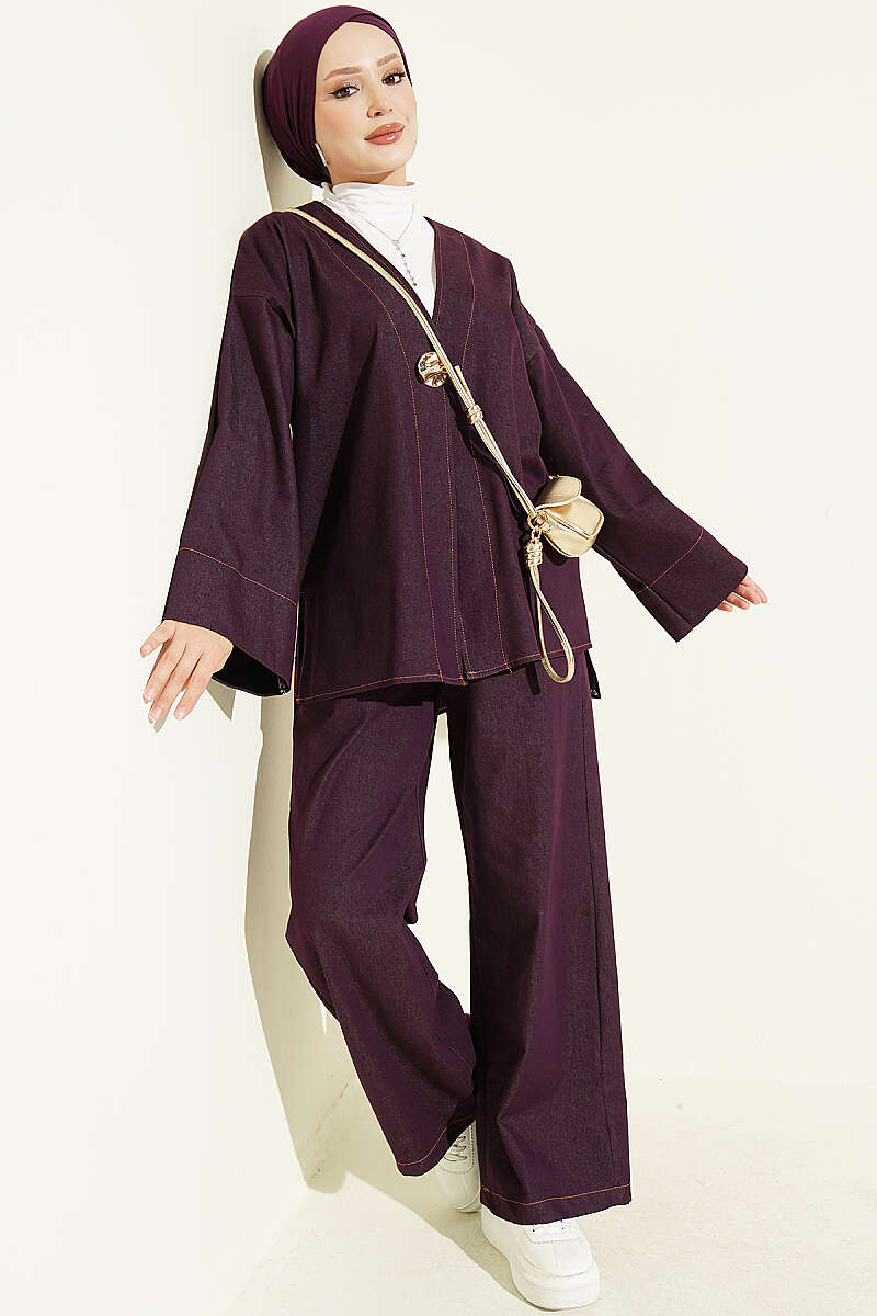Two-Piece Set with Gold Brooch - Plum